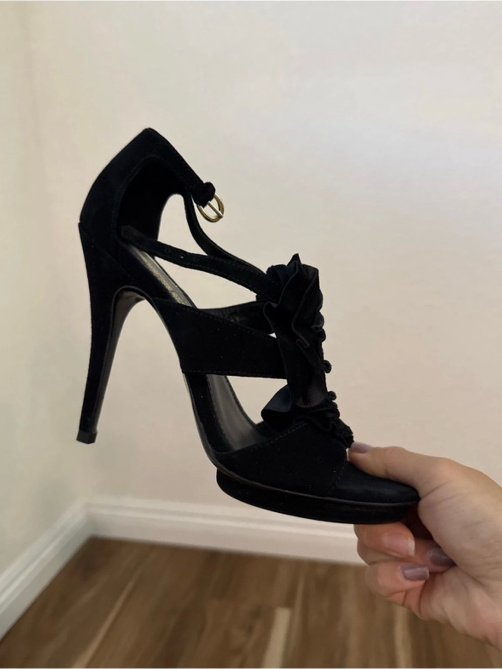 Elie Tahari Black Ruffle Suede High Heel Sandals